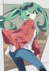 Rule 34 | 1girl, absurdres, blue pants, denim, desert, earrings, eyewear on head, floating hair, green eyes, green hair, hair between eyes, hatsune miku, highres, hoop earrings, hutaba haru, jacket, jeans, jewelry, long hair, long sleeves, looking at viewer, looking back, open clothes, open jacket, open mouth, pants, parted lips, red jacket, shirt, solo, sunglasses, twintails, vocaloid, white shirt