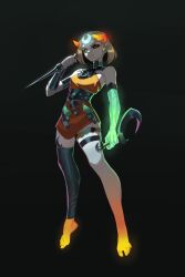 1girl absurdres ancient_greek_clothes asymmetrical_arms black_sclera blonde_hair bone colored_sclera dress full_body glowing_arm greco-roman_clothes green_arm green_eyes green_lips hades_(series) hades_2 highres holding_sickle laurel_crown looking_at_viewer melinoe_(hades) mismatched_sclera orange_dress red_eyes roxy_thefoxy see-through_body sickle skeletal_arm