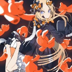 1girl abigail_williams_(fate) black_background black_bow black_dress black_shoes blonde_hair bloomers blue_eyes bow closed_mouth commentary_request dress fate/grand_order fate_(series) hair_bow highres long_hair looking_at_viewer orange_bow shoes simple_background sleeves_past_fingers sleeves_past_wrists solo stuffed_animal stuffed_toy teddy_bear underwear urito010