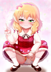 1girl bandaid bandaid_on_pussy blonde_hair dress highres idolmaster idolmaster_cinderella_girls loli looking_at_viewer muhyowo panties presenting_pussy pussy sakurai_momoka solo underwear v white_panties