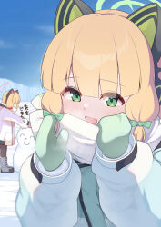 2girls ^_^ absurdres animal_ear_headphones animal_ears aqua_coat black_pantyhose blonde_hair blue_archive blunt_bangs blurry blurry_background blush boots bow breath cat_ear_headphones cat_ears character_snowman closed_eyes clothes_grab coat commentary_request depth_of_field doodle_sensei_(blue_archive) eyes_visible_through_hair fake_animal_ears fur-trimmed_sleeves fur_trim green_bow green_eyes green_halo green_mittens grey_boots hair_bow halo hands_up headphones highres hood hood_down hooded_coat kataage_(kataage_okashi_koujou) lace-up_boots layered_sleeves long_sleeves looking_at_viewer low-tied_sidelocks midori_(blue_archive) midori_(winter)_(blue_archive) mittens momoi_(blue_archive) momoi_(winter)_(blue_archive) multicolored_coat multiple_girls neckwear_grab official_alternate_costume open_mouth outdoors pantyhose pink_halo pink_mittens profile puffy_long_sleeves puffy_sleeves purple_coat red_bow scarf scarf_bow scarf_grab sensei_(blue_archive) siblings sidelocks sisters sky smile snow solo_focus standing steam text_print translation_request twins upper_body white_coat white_scarf winter winter_clothes