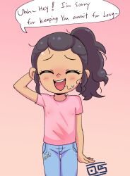 1girl arm_behind_head artist_logo black_hair blush child closed_eyes covered_erect_nipples denim english_text female_focus flower gradient_background jeans logo open_mouth oversleepergirl pants pink_background pink_shirt ponytail shirt smile solo speech_bubble standing teeth upper_teeth_only