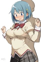 1girl black_skirt blue_hair blush bow bowtie breasts collared_shirt grabbing_another&#039;s_breast grabbing_from_behind groping high_collar highres juliet_sleeves lace lace-trimmed_shirt lace-trimmed_sleeves lace_trim large_breasts long_sleeves mahou_shoujo_madoka_magica mahou_shoujo_madoka_magica_(anime) miki_sayaka mitakihara_school_uniform nagare_(flow) open_mouth plaid_clothes plaid_skirt pleated_skirt pocket puffy_sleeves red_bow red_bowtie ribbon school_uniform shirt short_hair skirt sweater white_shirt yellow_sweater