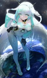 1girl aqua_jacket arumu black_gloves blue_eyes blunt_ends bodysuit cropped_jacket eudie_(shadowverse) finger_to_own_chin gloves hairband high_heels highres jacket long_hair long_sleeves looking_at_viewer open_clothes open_jacket open_mouth shadowverse shadowverse:_worlds_beyond solo white_bodysuit white_hair