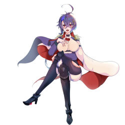 1girl absurdres ahoge armored_boots azur_lane black_boots boots breasts cape closed_mouth commentary_request cross_hair_ornament crossed_bangs epaulettes foch_(azur_lane) full_body gear0710 grey_hair hair_between_eyes hair_ornament high_heel_boots high_heels highres huge_ahoge invisible_chair knee_pads large_breasts leotard long_hair long_sleeves looking_at_viewer multicolored_hair purple_cape purple_hair purple_shrug red_eyes shirt shrug_(clothing) sidelocks simple_background sitting solo thigh_boots thighhighs underbust white_background white_cape white_leotard white_shirt white_thighhighs