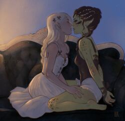 Rule 34 | 2girls, baldur&#039;s gate, baldur&#039;s gate 3, bdsm, bluenoirart, body freckles, bondage, bound, bound wrists, bow, breasts, brown hair, cleavage, couch, dress, dungeons & dragons, dungeons &amp; dragons, earrings, freckles, gith (d&amp;d), hair bow, highres, indoors, jewelry, lae&#039;zel, long hair, multiple girls, on couch, pointy ears, shadowheart (baldur&#039;s gate), sitting, sundress, white dress, white hair, yuri