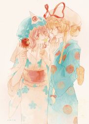 2girls absurdres alternate_costume biting blonde_hair blue_hat blue_kimono candy_apple closed_mouth commentary_request cowboy_shot dango food hand_up hat hat_ribbon highres holding holding_candy_apple holding_food japanese_clothes kimono long_hair long_sleeves looking_at_another medium_hair mob_cap mochi multiple_girls obi pink_eyes pink_hair red_ribbon revision ribbon saigyouji_yuyuko sash simple_background touhou triangular_headpiece wagashi white_background white_hat white_kimono xianyu_liang yakumo_yukari yellow_eyes