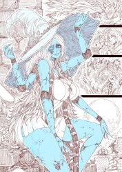 blaidd_the_half-wolf blue_skin breasts cloak colored_skin curtained_hair doll_joints elden_ring extra_arms extra_faces feet_out_of_frame glowing_tattoo godrick_the_grafted hand_on_headwear hand_on_own_hat hat highres huge_breasts joints jun_wu_mo large_hat long_hair malenia_blade_of_miquella melina_(elden_ring) monochrome one_eye_closed ranni_the_witch rennala_queen_of_the_full_moon sitting tarnished_(elden_ring) witch witch_hat