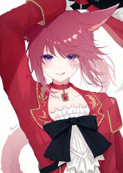 1girl :q absurdres animal_ears bow butterfly_tattoo cat_ears cat_girl cat_tail coat facial_mark final_fantasy final_fantasy_xiv highres jewelry looking_at_viewer miqo&#039;te necklace ponytail purple_eyes red_coat red_hair red_mage_(final_fantasy) sana_(sanamaru_0w0) solo tail tattoo tongue tongue_out warrior_of_light_(ff14) whisker_markings