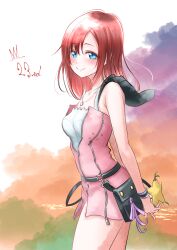 1girl absurdres anniversary bag bare_shoulders belt black_bag black_belt blue_eyes blush closed_mouth cloud commentary_request dress food fruit handbag highres jacket jewelry kairi_(kingdom_hearts) kingdom_hearts kingdom_hearts_ii long_hair looking_at_viewer necklace official_alternate_costume outdoors paopu_fruit pink_jacket red_hair short_dress sleeveless sleeveless_dress smile solo stubox15 white_dress