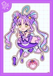 1girl ahoge back_bow blue_bow blue_hair boots border bow bow_choker brooch choker clenched_hand cure_kyunkyun deformed dot_nose dotted_line double_bun dress dress_bow eyelashes frilled_dress frills full_body grid_background hair_bobbles hair_bow hair_bun hair_ornament happy headset heart heart_brooch highres jewelry kimi_to_idol_precure knee_boots leg_up long_hair looking_at_viewer magical_girl multicolored_hair open_mouth outline parted_bangs plaid_bow plaid_clothes plaid_dress precure purple_arm_warmers purple_border purple_bow purple_choker purple_dress purple_hair purple_thighhighs running shigure_kokoro short_dress signature smile solo strapless strapless_dress streaked_hair tareme thighhighs twintails two-tone_hair unmoving_pattern uwded_207 very_long_hair wavy_hair white_background white_boots white_outline yellow_eyes