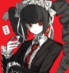 1girl bell bell_earrings black_hair black_jacket black_nails bow card celestia_ludenberg center_frills chess_piece chinese_commentary closed_mouth collared_shirt colored_skin commentary_request danganronpa:_trigger_happy_havoc danganronpa_(series) drill_hair earrings frilled_sleeves frills glint hairband highres holding holding_chess_piece jacket jewelry lapels lolita_hairband long_hair long_sleeves necktie open_clothes open_jacket pawn_(chess) playing_card red_background red_eyes red_necktie ribbon shirt simple_background solo twin_drills upper_body variant_set white_bow white_ribbon white_shirt white_skin xiaofan69759