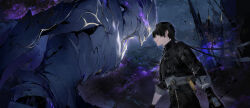 1boy 1other armor bandaged_arm bandages black_gloves black_hair black_jacket black_pants commentary crownless_(wuthering_waves) ear_piercing faceoff gloves glowing glowing_eyes highres jacket looking_at_another low_ponytail male_rover_(wuthering_waves) medium_hair monster pangu_terminal_(wuthering_waves) pants parted_lips piercing ponytail pouch rover_(wuthering_waves) secretfj520 shirt sleeves_rolled_up tacet_discord_(wuthering_waves) white_armor white_shirt wuthering_waves yellow_eyes