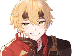 Rule 34 | 1boy, :d, asymmetrical sleeves, bishounen, black gloves, black headband, blonde hair, cheek rest, fingerless gloves, genshin impact, gloves, green eyes, grin, hair between eyes, hand on own cheek, hand on own face, hand up, happy, headband, highres, looking at viewer, male focus, open mouth, ponytail, portrait, raised eyebrow, rattail, sidelighting, simple background, smile, solo, sushi 171, thoma (genshin impact), white background