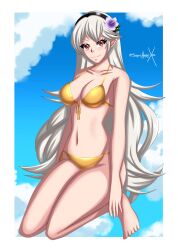 1girl absurdres alternate_costume bikini breasts cleavage cloud female_corrin_(fire_emblem) female_focus fire_emblem fire_emblem_fates flower gold_swimsuit hair_flower hair_ornament highres kneeling looking_at_viewer medium_breasts nintendo red_eyes smile sonicheroxd swimsuit yellow_bikini yellow_swimsuit