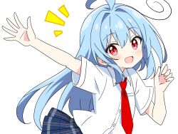 1girl :d ahoge blue_hair blue_skirt blush collared_shirt commentary_request dot_nose hand_up highres kotatsu-mazoku long_hair looking_at_viewer necktie notice_lines open_mouth original outstretched_arm pink_eyes plaid_clothes plaid_skirt pleated_skirt red_necktie school_uniform shirt short_sleeves simple_background skirt smile solo upper_body white_background white_shirt
