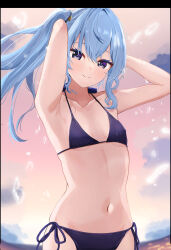 1girl absurdres alternate_costume armpits arms_behind_head bare_shoulders bikini blue_bikini blue_eyes blue_hair blurry blurry_background blush breasts commentary hair_between_eyes highres hololive hoshimachi_suisei looking_at_viewer lying navel on_side side_ponytail small_breasts smile solo star_(symbol) star_in_eye stomach string_bikini swimsuit symbol_in_eye virtual_youtuber wet yuukura_yuu
