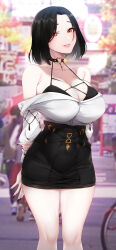 1girl absurdres akchu bikini bikini_top_only black_bikini black_hair black_nails breasts choker cleavage collarbone feet_out_of_frame forehead highres hina_(akchu) huge_breasts lips mole mole_under_mouth multi-strapped_bikini_top nail_polish orange_eyes original short_hair skirt solo swimsuit thighs