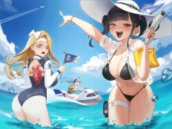3girls :d absurdres aircraft airplane alternate_costume animal_on_back ass back_cutout bare_shoulders bikini black_bikini black_hair black_wetsuit blonde_hair blue_hair blue_one-piece_swimsuit blue_sky blunt_bangs blush bodysuit bow bracelet breasts cielo_(nikke) cleavage clothing_cutout cloud commentary contrail cowboy_shot day diving_suit fang flag goddess_of_victory:_nikke hair_bow hat highres holding holding_flag holding_water_gun jet_ski jewelry large_breasts life_vest long_hair looking_at_viewer multiple_girls multiple_rings navel necklace ocean octopus one-piece_swimsuit open_clothes open_mouth open_shirt outdoors over_the_horizon_(nikke) parted_hair pointing pouch red_eyes ring sanakk see-through_clothes see-through_shirt shirt sitting sky sky_(nikke) smile sora_(nikke) standing stomach sun_hat swimsuit tearing_up teeth thigh_pouch thigh_strap twintails upper_teeth_only wading water_drop water_gun watercraft wet wet_clothes wet_shirt wetsuit white_bow white_hat white_shirt yellow_eyes