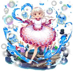 1girl barefoot brown_eyes bubble ebisu_eika frilled_shirt frilled_skirt frills full_body game_cg highres jellyfish long_earlobes long_hair looking_at_viewer official_art open_mouth puffy_short_sleeves puffy_sleeves rock rotte_(1109) shirt short_sleeves simple_background skirt skirt_set smile solo sotoba sparkle stack teeth third-party_source touhou touhou_lostword transparent_background upper_teeth_only water white_hair white_shirt white_skirt