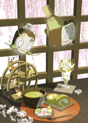 alcremie alcremie_(matcha_cream) blurry blurry_foreground budew cherrim cherrim_(sunshine) chingling commentary_request creatures_(company) cup floating flower food game_freak gen_2_pokemon gen_4_pokemon gen_5_pokemon gen_8_pokemon glass green_eyes highres jumpluff legendary_pokemon matcha_(food) mri_361 mythical_pokemon nintendo no_humans parfait plate pokemon pokemon_(creature) polteageist sawsbuck sawsbuck_(spring) shaymin sinistcha teacup turtwig wafer_stick white_flower