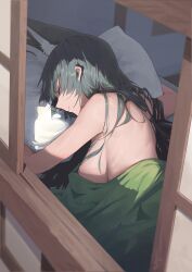 1girl absurdres animal_ears bed black_hair breasts closed_eyes closed_mouth commentary english_commentary fox_ears fox_girl from_outside highres hoshimi_miyabi hwan_(verypoor) indoors large_breasts long_hair lying nude on_stomach open_window pillow sleeping solo under_covers window zenless_zone_zero