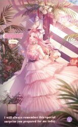Rule 34 | 1girl, artist request, bag, birthday, black bow, black choker, bow, brown eyes, candle, chain, character name, choker, collarbone, colorful cake tower (shining nikki), copyright name, cupcake, dress, english text, fire, floating clothes, floating hair, flower, food, food-themed hair ornament, forehead, frilled dress, frills, garland (decoration), gown, hair bow, hair bun, hair ornament, handbag, hanging plant, happy, heart, heart-shaped bag, heart choker, heart print, highres, holding, holding bag, indoors, lantern, large bow, light blush, light particles, logo, long dress, long hair, looking at viewer, nikki (nikki), nikki (series), official art, open mouth, palm leaf, pink bag, pink bow, pink dress, pink flower, pink hair, rose, second-party source, shining nikki, single side bun, sleeveless, sleeveless dress, smile, solo, sprinkles, stairs, teeth, upper teeth only, very long hair, waist bow, walking, wavy hair, white flower, white rose