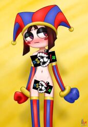 1girl akim breasts brown_hair censored clown embarrassed gloves hat looking_to_the_side multicolored_eyes pomni_(the_amazing_digital_circus) small_breasts the_amazing_digital_circus thighhighs watermark yellow_background