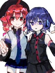2girls :d ahoge bare_shoulders beret black_hat black_shirt black_skirt black_sleeves black_thighhighs breast_pocket closed_mouth collared_shirt cosplay costume_switch detached_sleeves double-parted_bangs drill_hair hair_between_eyes hat kasane_teto kasane_teto_(cosplay) kasane_teto_(utau) long_sleeves mizuna_(327) multiple_girls necktie no_nose open_mouth pleated_skirt pocket purple_eyes purple_hair purple_necktie purple_trim red_eyes red_hair red_trim robot_ears shirt short_hair simple_background skirt smile split_mouth thighhighs twin_drills utane_uta utane_uta_(cosplay) utau v white_background zettai_ryouiki