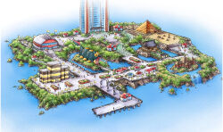 arch artist_request balloon battle_frontier_(pokemon) building flag gen_3_pokemon highres island nintendo official_art pokemon pokemon_emerald pokemon_rse pyramid_(structure) scenery seviper skyscraper third-party_source water waterfall