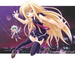 00s 2girls ayase_shinomu black_thighhighs blonde_hair blue_eyes blue_panties chachazero character_name doll duplicate evangeline_a.k._mcdowell goth_fashion letterboxed long_hair mahou_sensei_negima! multiple_girls outside_border panties photo_background purple_sky single_slipper sky slippers striped_clothes striped_panties thighhighs underwear unworn_slippers vampire very_long_hair zettai_ryouiki
