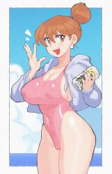 beer_can blue_sky breasts brown_eyes brown_hair can drink_can earrings highres hood hoodie inkerton-kun jewelry kill_la_kill large_breasts mankanshoku_sukuyo one-piece_swimsuit sky swimsuit