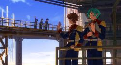 5boys absurdres ahoge aqua_hair arm_up blue_sky brown_hair clipboard ensemble_stars! facing_away green_eyes highres holding holding_clipboard industrial_pipe jiehai light_particles looking_at_another morisawa_chiaki multiple_boys nagumo_tetora nirrro parted_bangs sengoku_shinobu shinkai_kanata short_hair sky smile takamine_midori waving