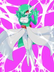 Rule 34 | 1girl, bad id, bad pixiv id, blush, bob cut, breasts, colored skin, dress, gardevoir, gen 3 pokemon, green hair, green skin, hair over one eye, multicolored skin, nintendo, pokemon, pokemon (creature), purple background, red eyes, silk, spider web, two-tone skin, white dress, white skin, zakro