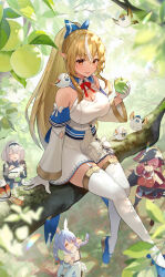 4girls :d absurdres animal animal_ears animal_on_shoulder apple bicorne bird bird_on_shoulder black_coat black_thighhighs blonde_hair blue_bow blue_hair bow braid breasts brown_leotard cleavage coat coat_dress commentary_request cropped_jacket crown_braid detached_sleeves dress elf eyepatch food food-themed_hair_ornament fruit garter_straps gloves grey_hair hair_between_eyes hair_ornament hat highres holding holding_food holding_fruit hololive houshou_marine houshou_marine_(1st_costume) jacket large_breasts leotard leotard_under_clothes long_hair looking_at_another looking_at_viewer looking_up multicolored_hair multiple_girls open_mouth outdoors pi_tayuko pirate_hat pointy_ears ponytail rabbit_ears rabbit_girl red_eyes red_hair red_jacket shiranui_flare shiranui_flare_(1st_costume) shirogane_noel shirogane_noel_(1st_costume) sitting_on_branch sleeveless sleeveless_jacket smile streaked_hair thighhighs twin_braids twintails two-tone_hair usada_pekora usada_pekora_(1st_costume) virtual_youtuber wavy_hair white_dress white_garter_straps white_hair white_thighhighs
