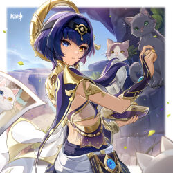 1girl absurdres ancient_egyptian ancient_egyptian_clothes arm_guards blue_eyes blue_hair bridal_gauntlets candace_(genshin_impact) cat dark-skinned_female dark_skin floating_hair genshin_impact highres holding looking_at_viewer official_art outdoors parted_lips short_hair_with_long_locks solo yellow_eyes