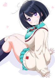 1girl amate_yuzuriha amate_yuzuriha_(cosplay) black_hair blue_eyes blue_shirt blue_skirt breasts bright_pupils closed_mouth collared_shirt commentary_request cosplay gundam gundam_gquuuuuux heart highres imai_kazunari large_breasts looking_at_viewer loose_hair_strand necktie partial_commentary shiiko_sugai shirt short_hair sitting skirt sleeves_past_wrists smile solo striped_necktie sweater white_background white_pupils white_sweater