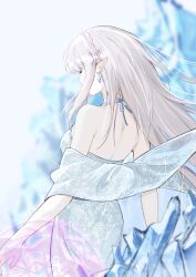 Rule 34 | 1girl, blue ribbon, blurry, blurry background, braid, crown braid, dress, earrings, emilia (re:zero), floating hair, from behind, hakugyokurou no oojou-sama, jewelry, long hair, pointy ears, re:zero kara hajimeru isekai seikatsu, ribbon, sash, shoulder blades, sleeveless, sleeveless dress, solo, standing, white dress, white hair