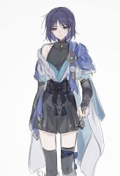 Rule 34 | 1girl, arms at sides, bell, belt, black belt, black bodysuit, black bow, black bridal gauntlets, black shorts, black thighhighs, blue cape, blue gemstone, blue kimono, blue sleeves, blunt ends, bodysuit, bow, bridal gauntlets, bright pupils, cape, clenched hand, closed mouth, covered collarbone, expressionless, eyeliner, eyeshadow, feathers, furisode, gem, genderswap, genderswap (mtf), genshin impact, gold, gold ring, hakama, hakama shorts, highres, holding, holding bell, japanese clothes, juban, kimono, layered sleeves, looking down, loose hair strand, makeup, mandarin collar, middle ring, open clothes, open kimono, pleated shorts, pom pom (clothes), purple eyes, purple rope, red eyeliner, red eyeshadow, rope, scaramouche (genshin impact), sgm618, short hair, short sleeves, shorts, single off shoulder, sketch, solo, thighhighs, wanderer (genshin impact), white background, white kimono, white pupils, white sleeves, wispy bangs, yellow feathers