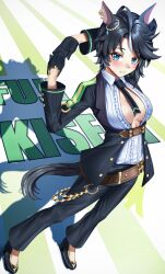 1girl absurdres ahoge animal_ears belt black_gloves black_hair black_jacket black_necktie blue_eyes blush breasts center_frills center_opening cleavage closed_mouth ear_ornament ear_piercing formal_clothes frilled_shirt frills fuji_kiseki_(umamusume) gloves hair_between_eyes highres horse_ears horse_girl horse_tail jacket long_sleeves looking_at_viewer manjo_(warito) medium_breasts multicolored_hair necktie open_clothes pants piercing shirt short_hair solo suit tail umamusume white_hair white_shirt