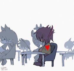 1girl 2025 4others brown_hair classroom commentary deltarune desk english_commentary hairband hat heart highres horn_hairband kris_(deltarune) monster_kid_(undertale) multiple_others noelle_holiday red_hairband seb_sketches short_hair signature sitting