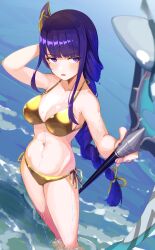 1girl arm_behind_head bikini braid braided_ponytail breasts collarbone excella_(delltothu) feet_out_of_frame genshin_impact gold_bikini hair_ornament highres holding large_breasts long_hair mole mole_under_eye navel open_mouth purple_hair raiden_shogun side-tie_bikini_bottom single_braid solo standing swimsuit very_long_hair wading water wet
