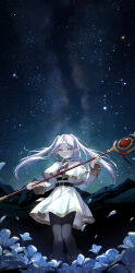 Rule 34 | 1girl, absurdres, black boots, black pantyhose, blue eyes, blue flower, boots, capelet, commentary request, earrings, elf, flower, frieren, highres, holding, holding staff, jewelry, long hair, long sleeves, looking at viewer, mage staff, night, night sky, outdoors, pantyhose, parted lips, pointy ears, potate, shirt, skirt, sky, solo, sousou no frieren, staff, standing, star (sky), starry sky, striped clothes, striped shirt, teardrop earrings, thick eyebrows, twintails, white capelet, white hair, white shirt, white skirt