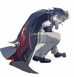 1boy ? animal_ears blade_(honkai:_star_rail) blue_hair cat_ears full_body gloves highres honkai:_star_rail honkai_(series) long_hair long_sleeves male_focus mississipping pants shoes squatting tail very_long_hair white_background