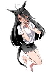 Rule 34 | 1girl, absurdres, ahoge, animal ears, barefoot, black shorts, covering own mouth, ear tag, earrings, furrowed brow, hair between eyes, highres, horse ears, horse girl, jewelry, kakuteru sudachi, long bangs, long hair, long hair between eyes, looking at viewer, manhattan cafe (umamusume), multicolored hair, own hands together, shirt, short sleeves, shorts, simple background, single earring, solo, umamusume, very long hair, white background, white hair, white shirt, yellow eyes