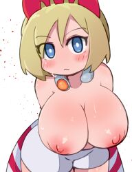 1girl bare_shoulders blonde_hair blue_eyes blush breast_focus breasts hanging_breasts huge_breasts inviting_viewer irida_(pokemon) jewelry miyazero necklace nintendo nipples no_bra pokemon pokemon_legends:_arceus presenting puffy_areolae puffy_nipples short_hair shorts solo sweat topless_female