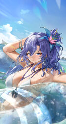 1girl absurdres alternate_costume alternate_hairstyle armpits bikini blue_eyes blue_sky bracelet breasts cantarella_(wuthering_waves) commentary day earrings flower hair_flower hair_ornament hanasawa_(hanasawa062) highres horizon jewelry large_breasts long_hair looking_at_viewer mark_under_eye ocean on_innertube ponytail purple_eyes sky smile solo swimsuit white_bikini wuthering_waves
