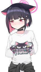 1girl :/ absurdres animal_ears animal_print black_choker black_hair blue_archive blunt_bangs blush breasts cat_ears cat_girl cat_print chinese_commentary choker closed_mouth clothes_around_waist clothes_writing colored_inner_animal_ears colored_inner_hair commentary cowboy_shot earclip earrings embarrassed extra_ears furrowed_brow hair_behind_ear hair_ornament hairclip halo highres jewelry kazusa_(band)_(blue_archive) kazusa_(blue_archive) lcz looking_to_the_side mask mask_pull medium_breasts mouth_mask multicolored_hair nose_blush pink_hair pink_halo print_shirt red_eyes shirt short_hair short_sleeves solo straight_hair stud_earrings sweatdrop t-shirt tsurime two-tone_hair white_shirt