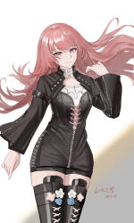 Rule 34 | 1girl, absurdres, arknights, black boots, black dress, black shorts, blue flower, blue rose, boots, closed mouth, dated, dress, floating hair, flower, grey background, highres, lace-up boots, lemuen (arknights), long hair, long sleeves, looking at viewer, pink flower, pink hair, red eyes, rose, short shorts, shorts, shrug (clothing), smile, solo, standing, thigh boots, very long hair, white background, white flower, wide sleeves, yitai zhi meng