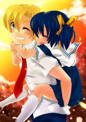 Rule 34 | 00s, 1boy, 1girl, absurdres, blonde hair, blue eyes, blue hair, brother and sister, carrying, clannad, closed eyes, grin, highres, juujiro eru, necktie, piggyback, school uniform, short hair, siblings, smile, sunohara mei, sunohara youhei, twintails